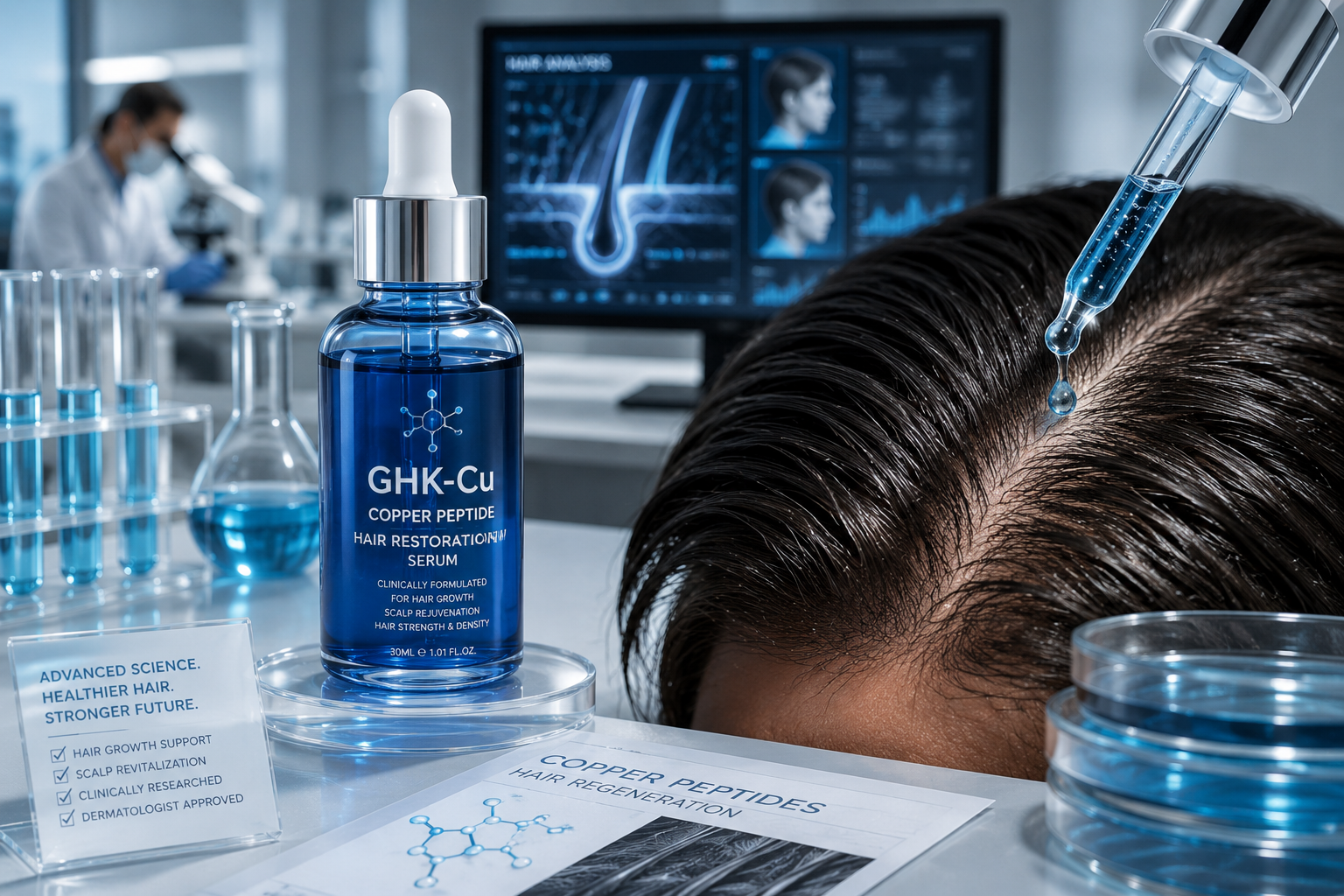 GHK-Cu copper peptide hair growth serum in a scientific laboratory setting with scalp treatment and advanced hair restoration technology.