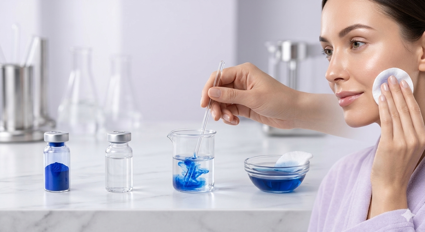 Woman applying mixed GHK-Cu copper peptide solution with cotton pad after combining peptide powder and bacteriostatic water