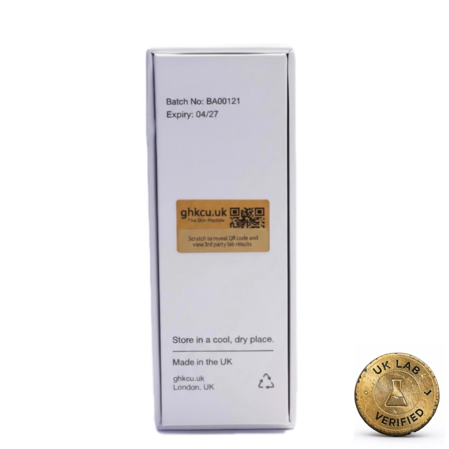 GHK-Cu peptide product packaging featuring QR code authentication, batch verification details, UK laboratory testing certification, and premium peptide quality assurance.