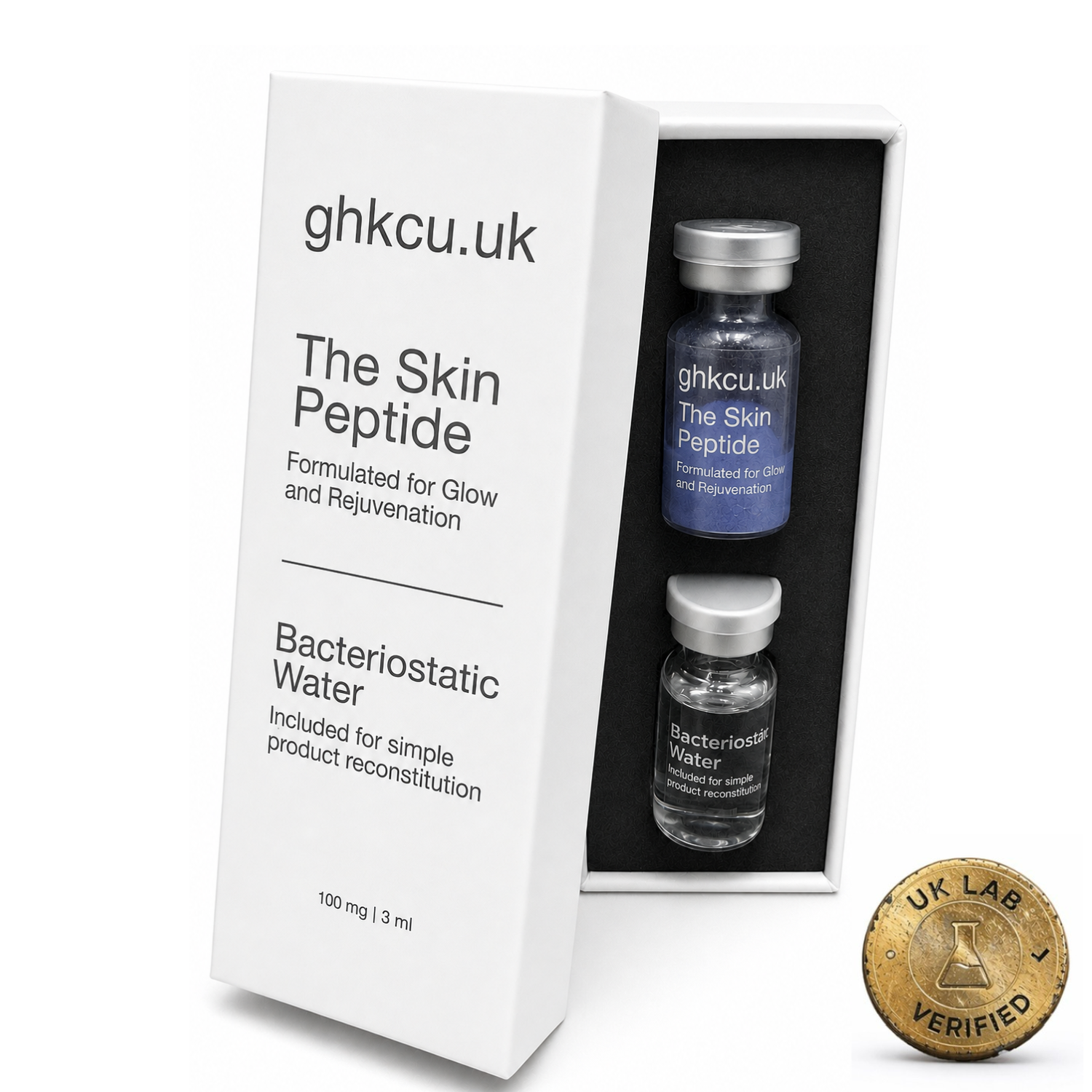 GHK-Cu skin peptide kit featuring copper peptide powder and bacteriostatic water for skin rejuvenation, collagen support, anti-aging skincare, and skin repair.
