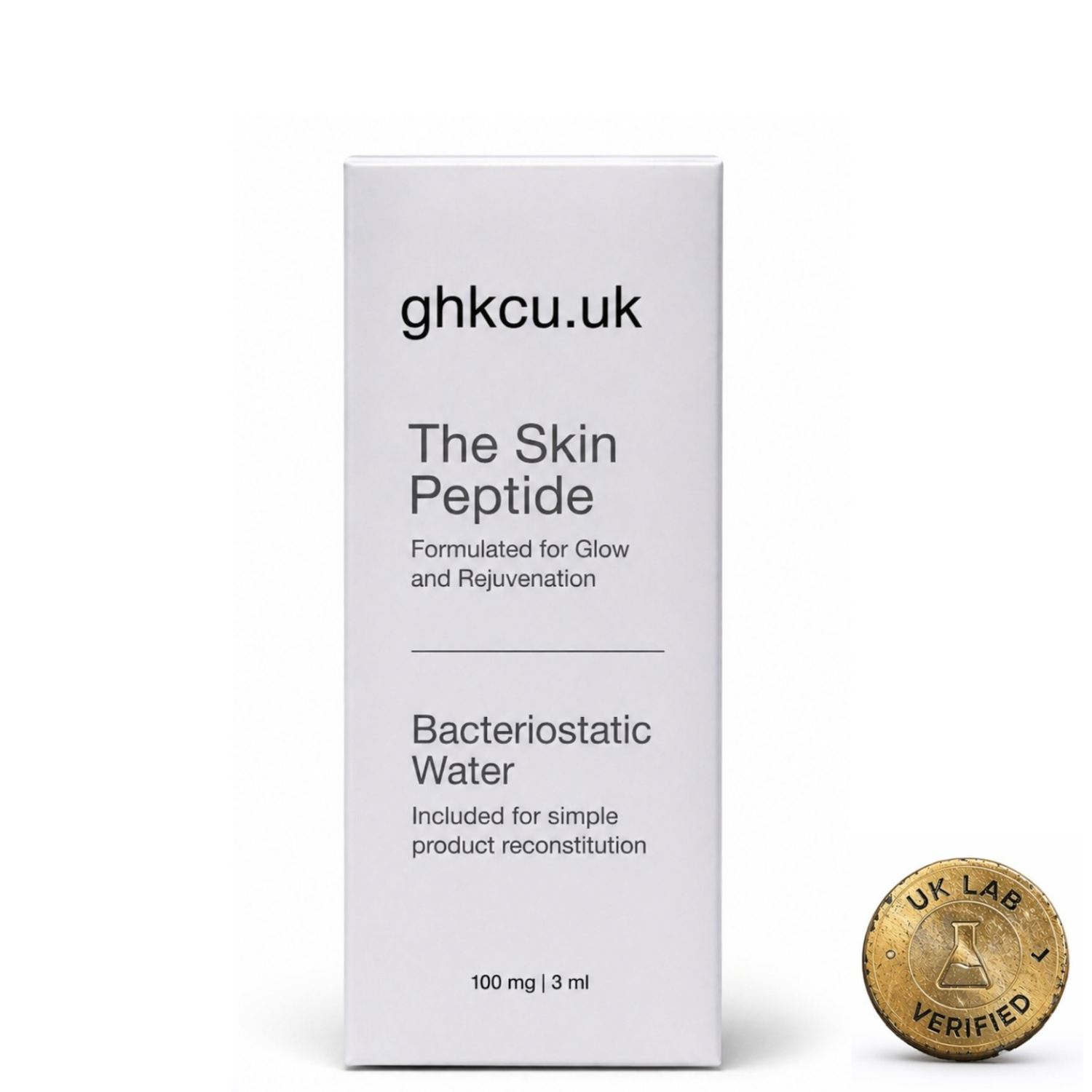 GHK-Cu skin peptide product packaging with bacteriostatic water, UK lab verified certification, copper peptide formula for skin rejuvenation, collagen support, and anti-aging skincare.